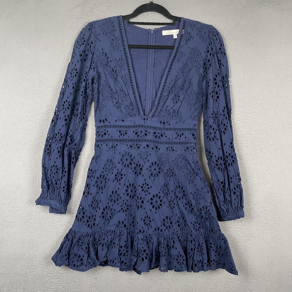 Lovers + Friends Dress Womens XS Blue Fit & Flare Balloon Sleeve Ruffle V-Neck
